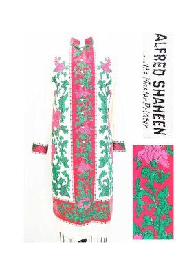 Vintage 60's Alfred Shaheen Womens Cotton Pink Floral Long Sleeve Shift Dress